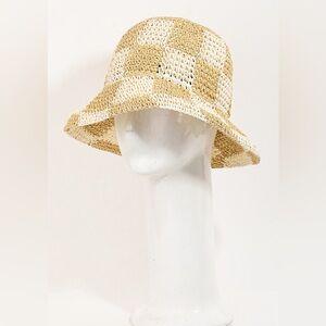 Straw Braided Checkered Bucket Hat|Beige
